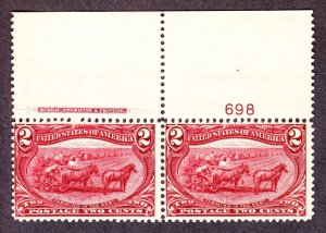 US 286 2c Trans-Mississippi Mint Plate #698 Top Pair F-VF OG NH/ LH SCV $110