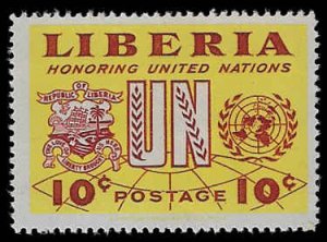 Liberia #340 Unused OG LH; 10c U.N. Emblem & Liberia Arms (1952)