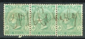 BAHAMAS; 1865- classic QV Crown CC Revenue used Shade of 1s. STRIP