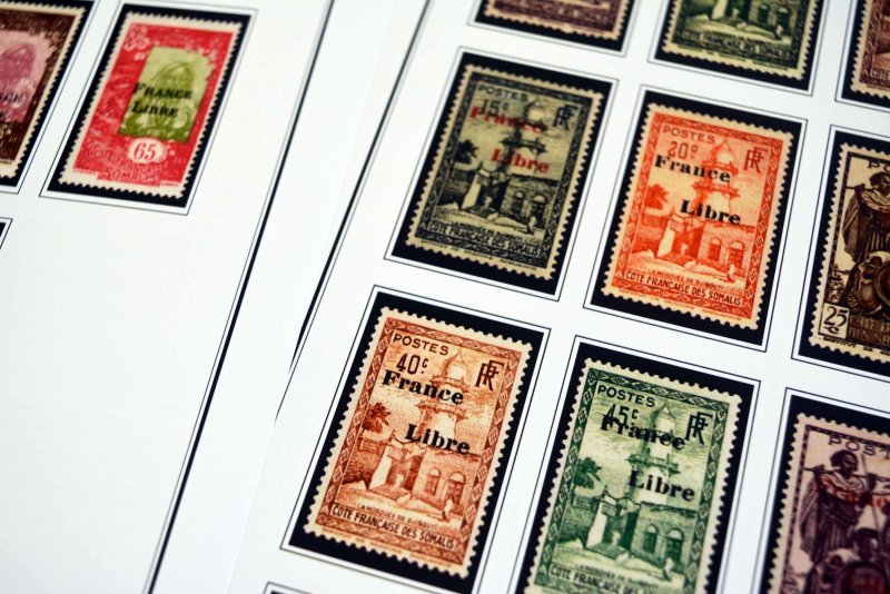 COLOR PRINTED SOMALI COAST 1894-1966 STAMP ALBUM PAGES (40 illustrated pages)
