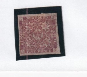 NEWFOUNDLAND # 19 VF-MH 5p IMPERF RREDDISH BROWN REPAIRED BACKING