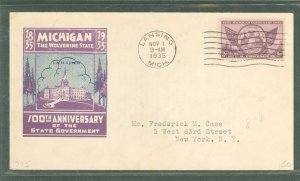 US 775 1935 3c Michigan/100th anniversary of statehood (single) on an addressed first day cover with an Ioor cachet.