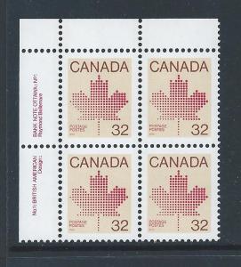 Canada #924 UL PL BL #1 Maple Leaf 32¢ MNH
