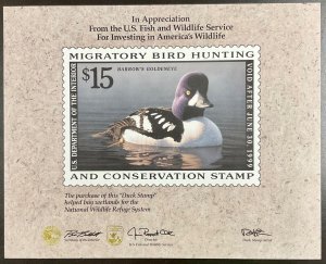 RW65 1998 $15 Barrow’s Goldeneye Stamp Appreciation Card