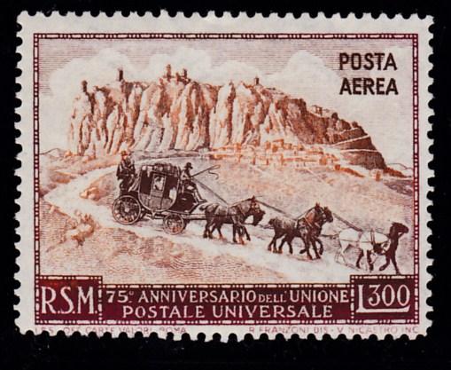 San Marino 1951  Stagecoach Type in brown VF/Mint(*) Airmail 300 Lire