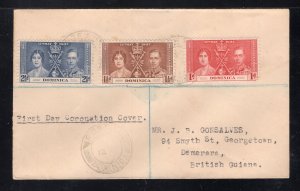 Dominica 1937 Registered Coronation FDC to British Guiana franked Scott 94-96