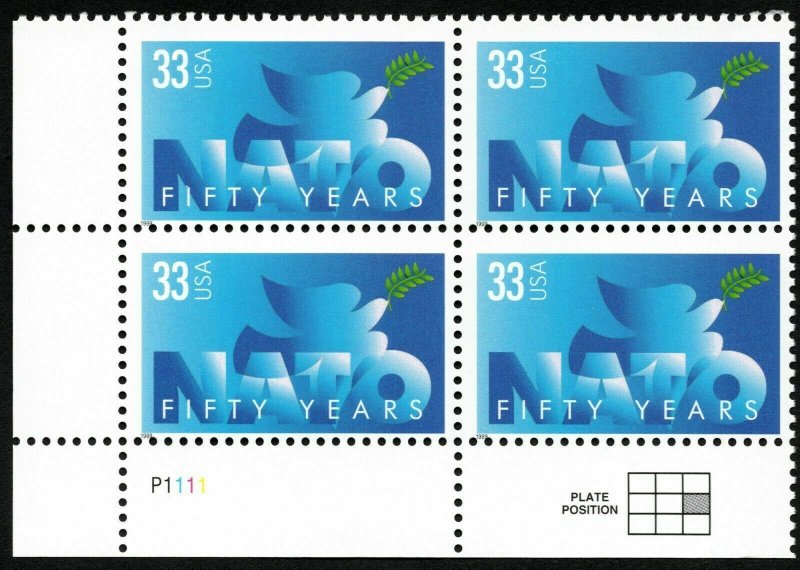 1999 Nato-50th Anniv. Plate Block of 4 33c Postage Stamps, Sc# 3354, MNH, OG