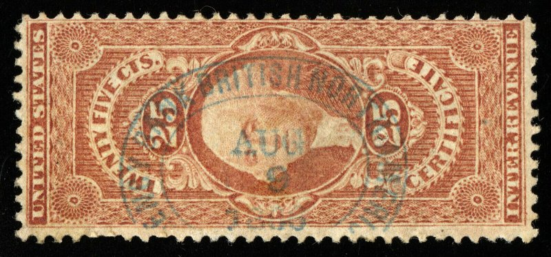 B416 U.S. Revenue Scott R44c 25c Certificate, blue 1866 oval handstamp cancel