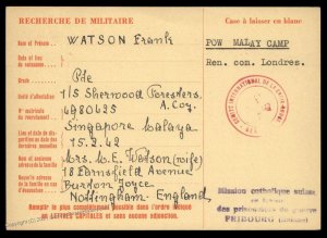 UK 1944 Singapore Malaya Japanese POW Camp Red Cross Cover Catholic Switze 89612