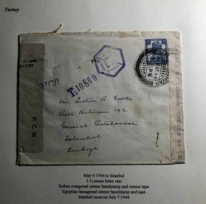 1944 India Dual censored Cover To Istanbul Turkey Egyptian Censor