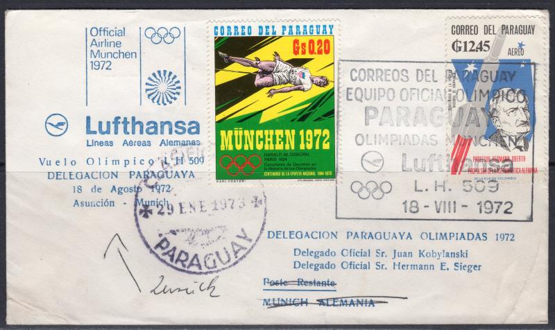 Paraguay 1973 Olympic Fly LH509 LUFTHANSA Olympic team of Paraguay Cover