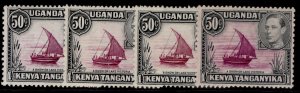 KENYA UGANDA TANGANYIKA GVI SG144 + 144b + 144c + 144d, 50c VARIETIES, M MINT.