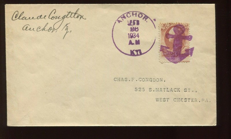 O116 OFFICIAL STAMP ILLEGAL USE ON 1934 COVER WITH FANCY ANCHOR KENTUCKY CANCEL