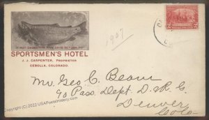 USA 1907 CEBOLLA Colorado Gunnison Fish Sportsmen Hotel Advertising Cover 108836