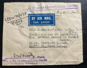 1948 Bangalore India Airmail Cover To Boston Ma USA Mysore Government Stamp