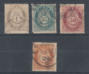 Norway Sc 22/37 used 1877-1890 issues, 4 different Posthorn singles, F-VF