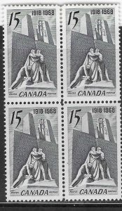 Canada #486 15c Canadaian Memorial  near Fimy France blk of 4  (MNH) CV $8.00