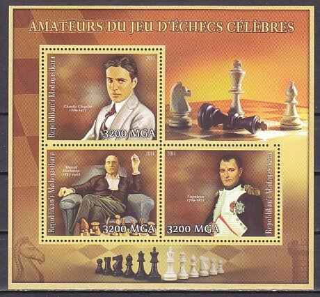 Malagasy Rep. 2014 issue. Amateur Chess Players sheet of 3. Napoleon & Chaplin.^