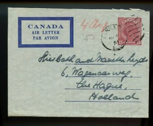 15 cent Air Letter to HOLLAND 1951 Air Mail Terrall B.C. Canada