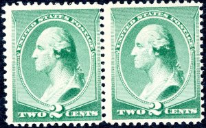 #213 – 1887 2c Washington, green. Pair M Light Gum. Fine.