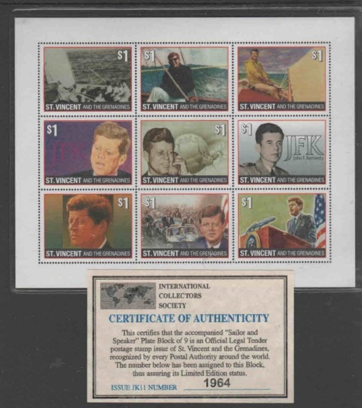 ST. VINCENT #2345 1996 JFK MINT VF NH O.G SHT9 W/CERT.