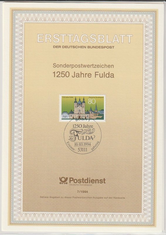 1994 Germany - FD Card (ETB) Sc 1824 - Fulda, 1250th anniversary