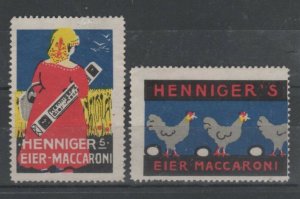 Germany - Pair Henniger's Egg Noodles Advertising Stamps - Girl & Chickens - NG