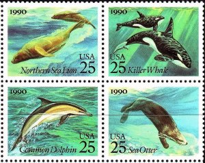 1990 25c Sea Creatures, Killer Whale, Block of 4 Scott 2508-11 Mint F/VF NH