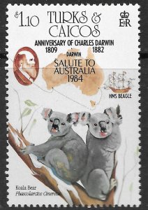 Turks and Caicos $1.10 Koalas Scott 643 MNH, Bears, Map, Darwin, 1984