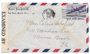 Puerto Rico Hotel Normandie Censored Airmail Cover to US 