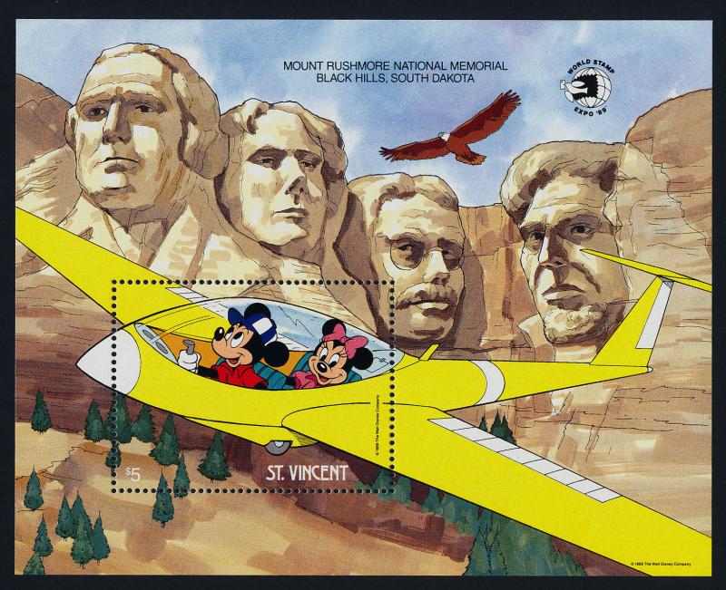 St Vincent 1265 MNH Disney, Mickey in Glider, Mount Rushmore, Bird