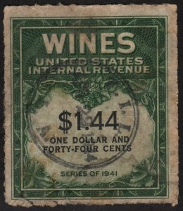 RE147 $1.44 Wine Revenue Stamp (1942) Used/CDS