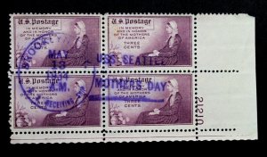 US #737 SON Plate Block Mother's Day Cancel on the USS Seatt...