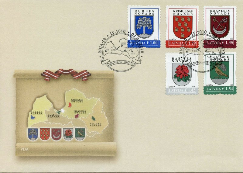 Latvia Stamps 2020 FDC Coat of Arms Regions & Cities Heraldry Emblems 5v S/A Set 