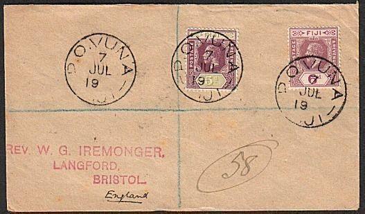 FIJI 1922 reg cover to UK : P.O.VUNA cds - 22 missing......................62517