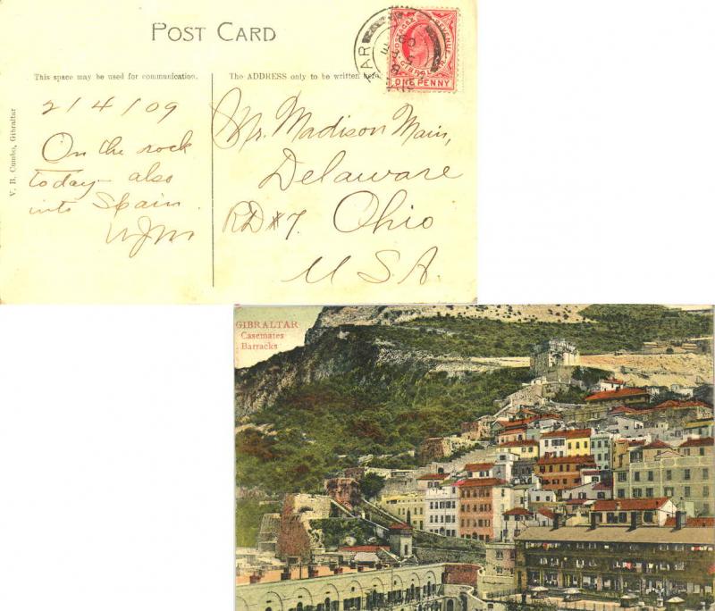 Gibraltar 1d KEVII 1909 Gibraltar, 25 PPC (Casemates Barracks) to Delaware, O...