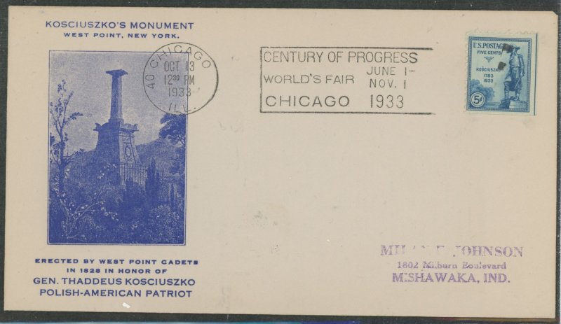 US 734 (1933) 5c Thaddeus Kosciuszko(single) on an addressed (handstamp) First Day cover with a Chicago, IL century of progress