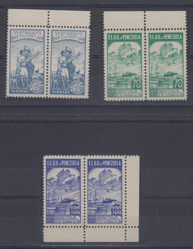 VENEZUELA 1937 UNISSUED Sc Unlisted Yvert 184A & PA64A-65A PAIRS SET MNH €950++ 