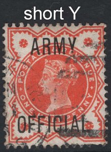 GB Officials 1887 ½d orange Army Official sgO41 fine used variety Short 'Y'