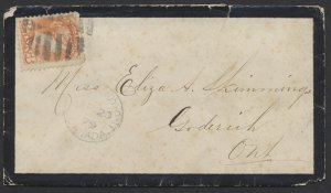 1879 Fancy Cancel Intaglio X In Grid On Mourning Cover Strathroy ONT to Goderich