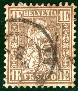 SWITZERLAND Helvetia Scott.50b 1Fr Reddish Bronze CDS Used Cat $470- 2GGREEN66