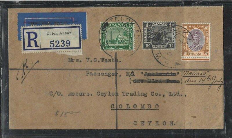 MALAYA FMS  (PP1708B)  1936  PAHANG 30C+ FMS 1C+SELANGOR 2C TO CEYLON, B/S