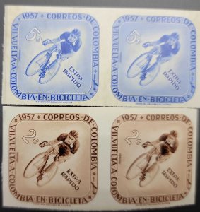 P) 1957 COLOMBIA, 7TH ROUND CYCLE RACE PROOF, SET OF 2 PAIRS IMPERFORATED, BLUE