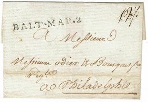 1797 Baltimore, MD straightline cancel on cover, rated 12 1/2c
