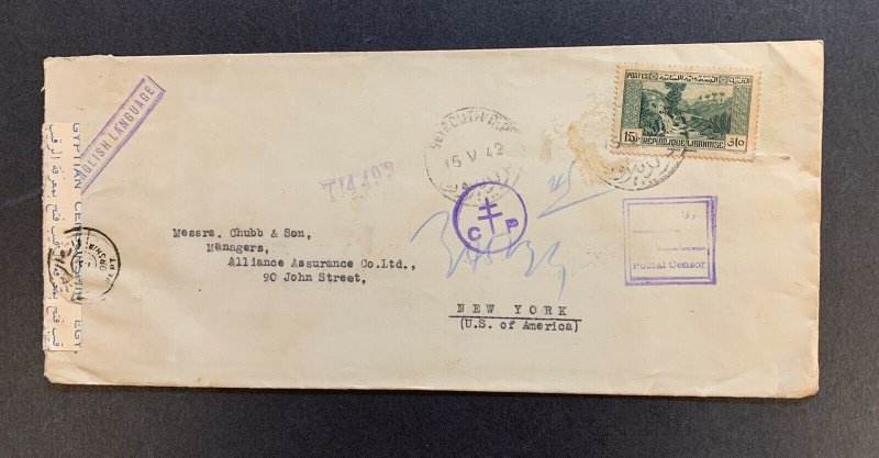 Lebanon, Scott #143 on 1942 WWII Censored Cover, Many Postal Markings