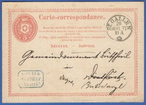 SWITZERLAND 1871 5c used Postal Card, ST GALLEN > DIETFURT > BUTSCHWYL