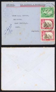 Aden to GB Censor cover via French Somali Coast RARE