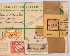 PAKISTAN Cover 1958 SAMPLE POST Registered *CAMP PO* Sialkot AIR London YA166