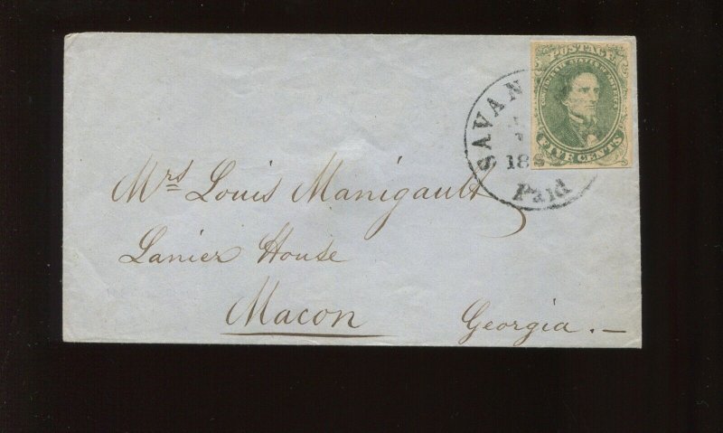 Confederate States 1 Used 1862 Cover Savannah to Macon Georgia (LV 1225)