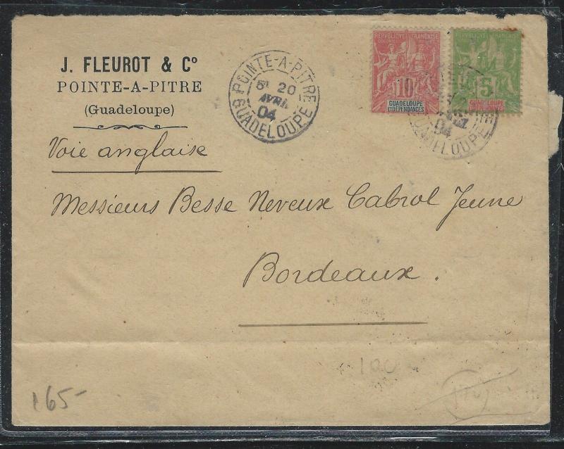 GUADELOUPE (PP2709B) 1904 5C+10C COVER FROM POINTE-A-PITRE TO FRANCE